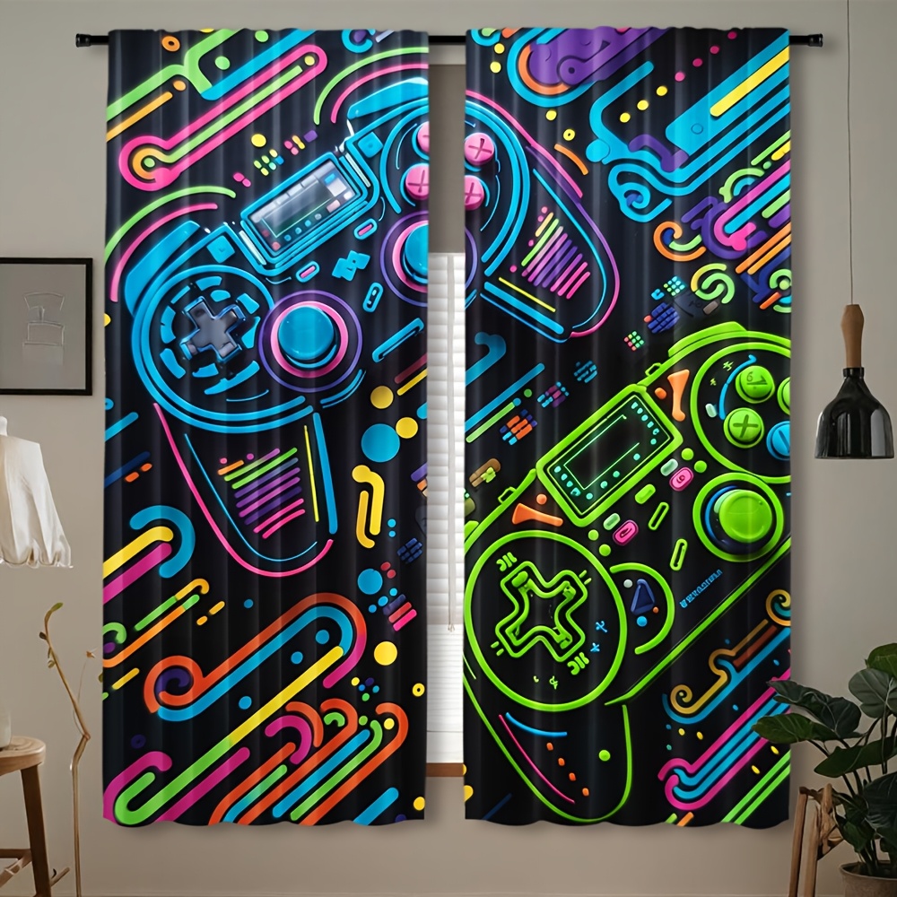 Retro Gaming Cafe - Neon Game Controller Curtains with Colorful
