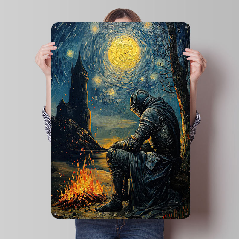 Knight By The Bonfire Tin Plaq - Retro Knight Gaming ulasan dan harga