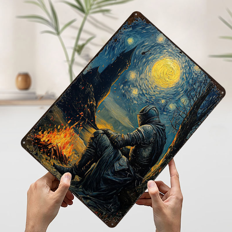 Knight By The Bonfire Tin Plaq - Retro Knight Gaming ulasan dan harga