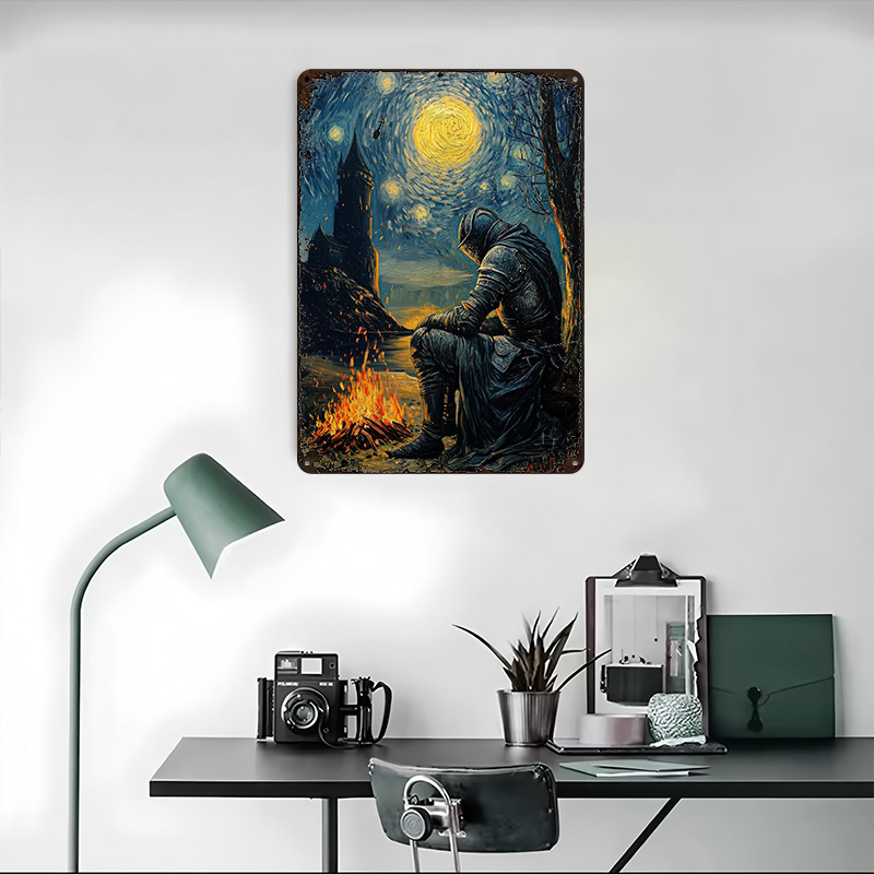 Knight By The Bonfire Tin Plaq - Retro Knight Gaming ulasan dan harga